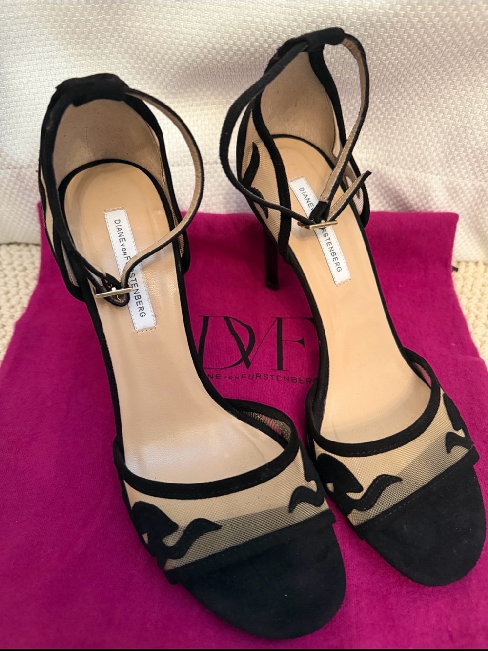 DVF Vanessa Black Suede Mesh Heels 8.5 Never Worn